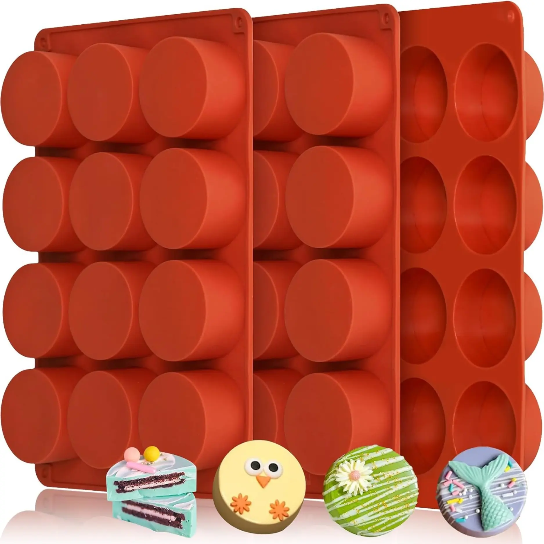 3PCS Round Silicone Molds, 12-Cavity 2.1-Inch Non-Stick Food-Grade Baking Molds for Chocolate, Cookies, Candy, Soap, Pudding, Jelly, Brownies & Mini Cakes
