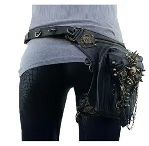 Fashion Rock PU Leather Shoulder Bag Vintage Gothic Retro Steampunk Waist Pack Shoulder Motorcycle Bag Handbag Leg Purse black