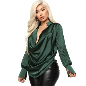 Long-Sleeve Deep V-Neck Satin Top