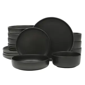 Gibson Elite Pasco 16 Piece (Service for 4) Plates and Bowls Double Bowl Reactive Glaze Dishes Stoneware Ceramic Dinnerware Set