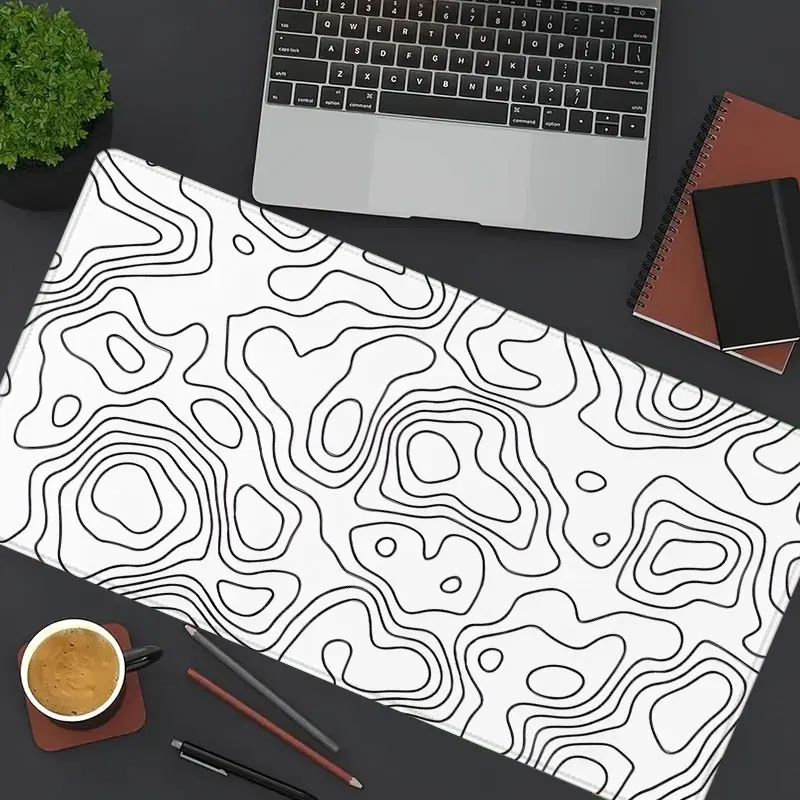 Minimalist Black & White Topographic Contour Map Large Gaming Mouse Pad, Extended XXL Desk Mat with Stitched Edge & Non-Slip Rubber Base, Ideal for Gamers, Students and Minimalist Lovers, Perfect for Home Offices, Gaming Rooms & Study Desks