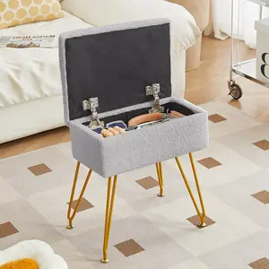 Alessing Vanity Stool Chair Ottoman with Storage, Sherpa Vanity Chair for Makeup Room, Rectangle Vanity Stools with Metal , Soft Makeup Stool Footrest Footstools for Bedroom Living Room, Grey