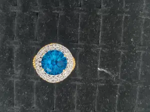 Mira(10098)gc.Double Halo Natural Blue Crystal Statement Ring Star-cut blue stone with two-tone silver-gold plating. Adjustable, lead-free & nickel-free.