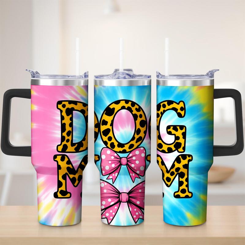 Stainless Steel Travel Mug Blue Leopard Print Dog Mom With Pink Bow Design Outdoor Camping Hiking Picnic Use