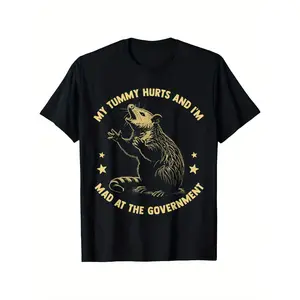 Funny 'My Tummy Hurts and I'm Mad at The Government' Graphic Tee - Unisex Casual Round Neck Short-Sleeve T-Shirt, 100% Cotton, Slight Stretch, Black with Golden Print, S-XXXL, Everyday Tshirt| Statement Tshirt|  graphic tee