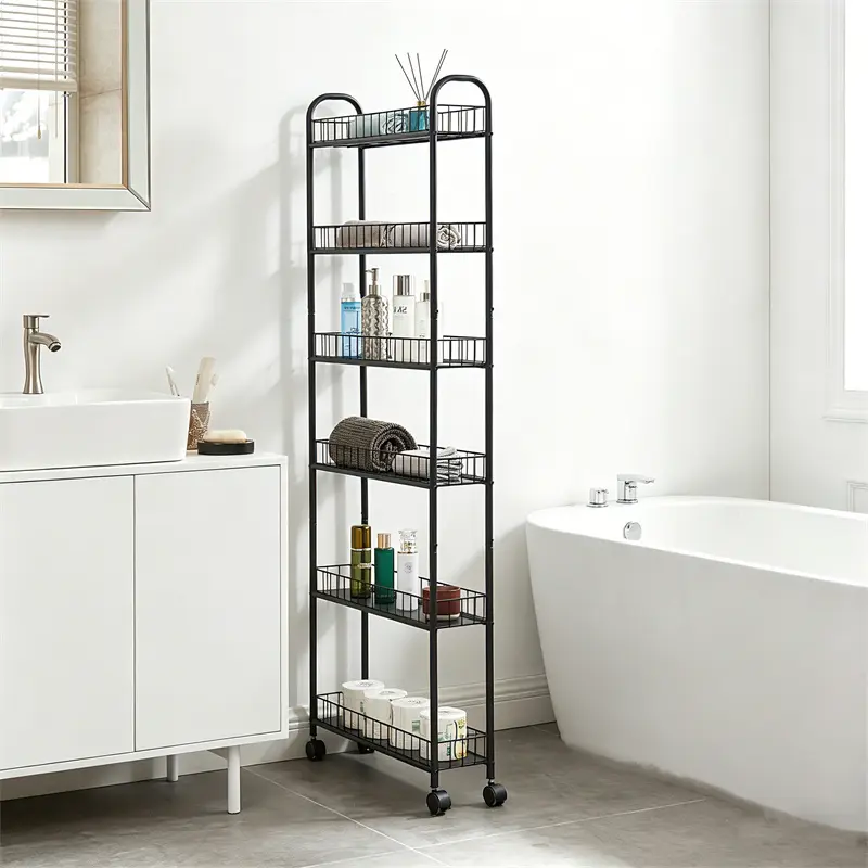 6-In Wide Narrow Slim Metal Rolling Storage Cart with Locking Wheels - 6-Tier Utility Organizer Racks, Mobile Shelving Unit for Kitchen, Bathroom - Black