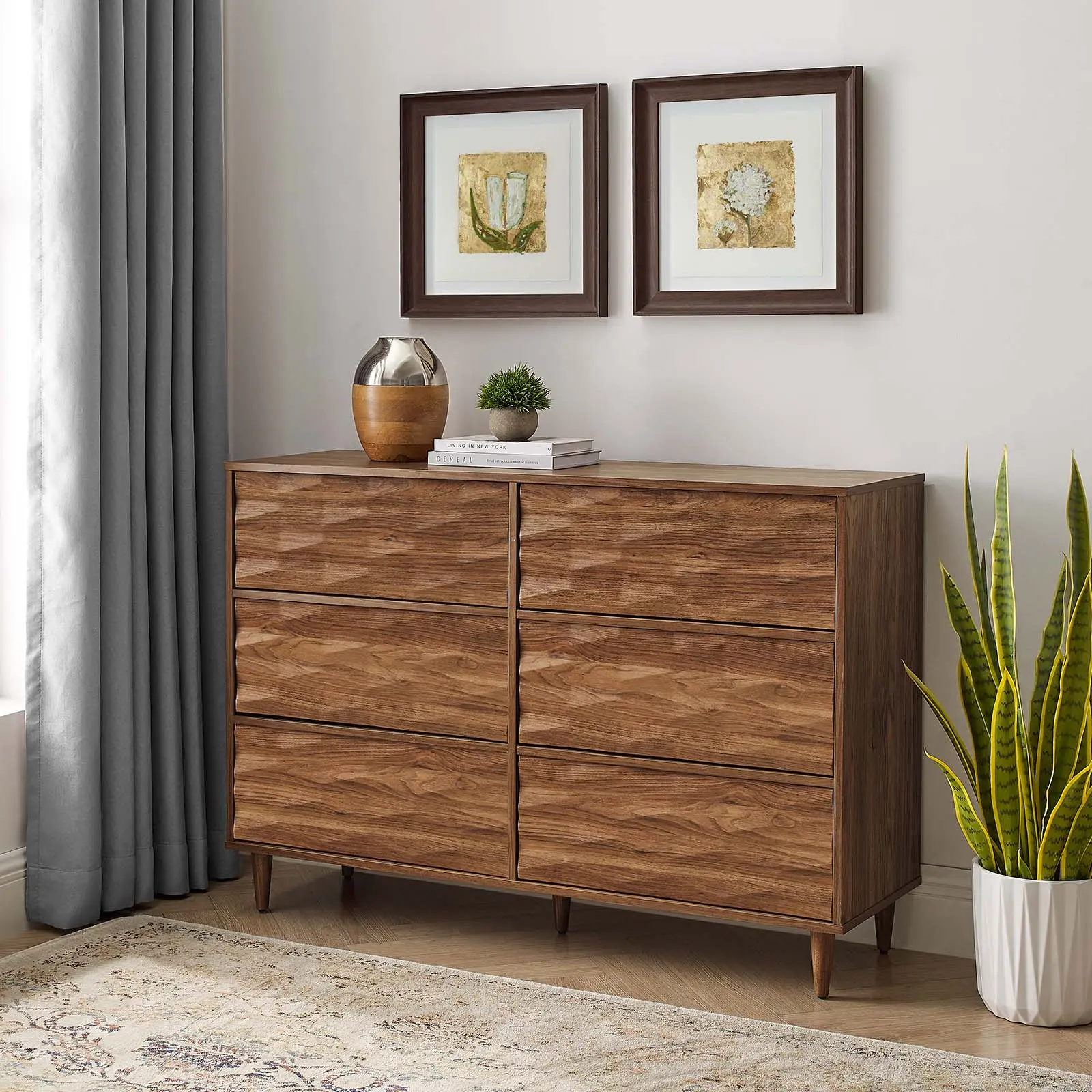 Modway Vespera 6-Drawer Walnut Wood Storage Cabinet - Minimal Indoor Apartment Furniture, Unique Bedroom Cupboard