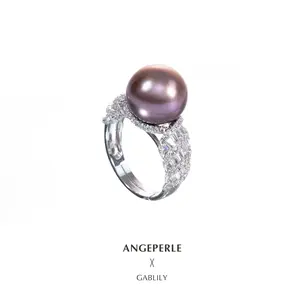 ANGEPERLE S925 Sterling Silver Freshwater Pearl and Purple Bead Ring 11-12mm TSJCY608