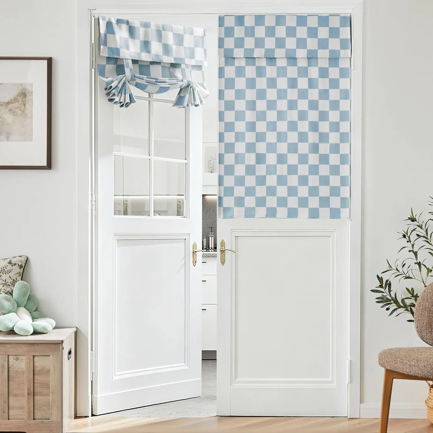 Blue Checkered  Door Curtain,  Decorative Checkerboard Window Covering for Kitchen Patio Front  Door Blinds 1 Panel 26''x40''
