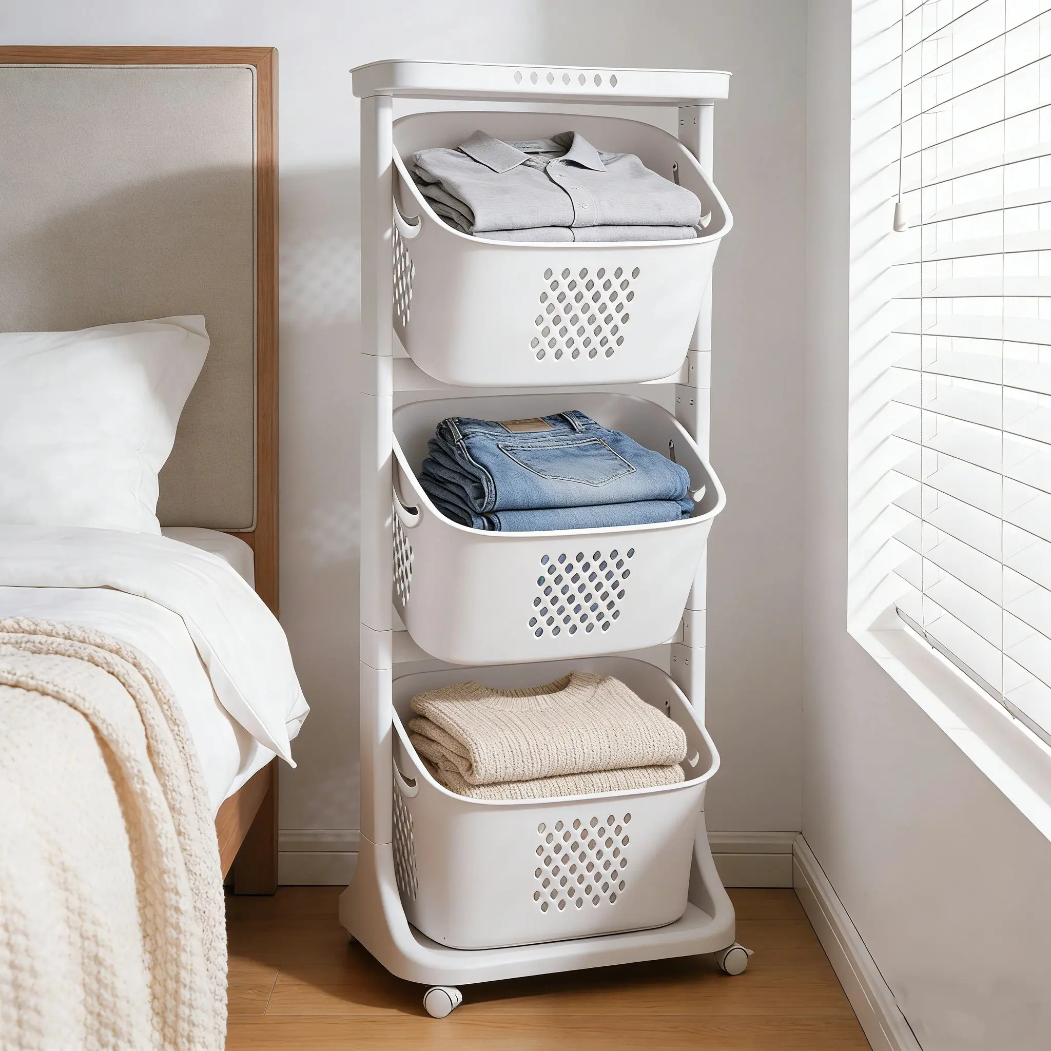 CNCEST 17-in Classic 3-Tier Rectangle Rolling Laundry Bin Cart, Ventilated Detachable PP Storage Organizer with Wheels, Easy to Clean for Bathroom, Laundry Room Use, Three-Tiered