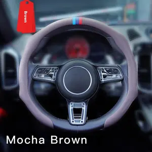 Nappa 2026 Ultra-Thin Breathable Nappa Leather Steering Wheel Cover Mocha Brown Anti-Slip Universal Fit Easy Installation for Most Vehicles Wheel Cover for GMC