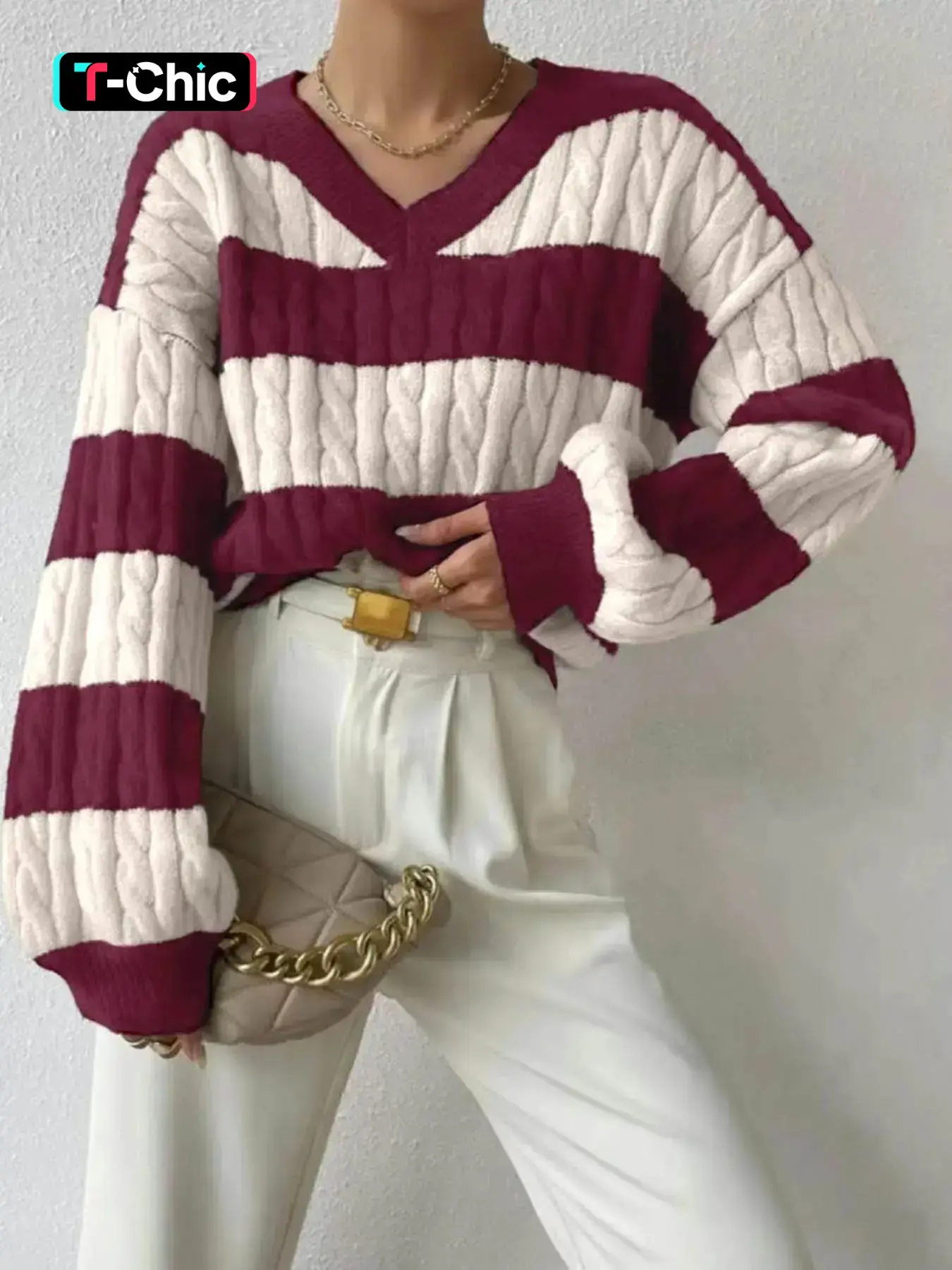 Women's V Neck Knit Sweater, Lady Long Sleeve Loose Fit Casual Cozy Jumper Retro Vintage Striped Pullover, Autumn Winter Fashion, High-End Design, Versatile Cable Pattern Top, Knitwear, Womenswear