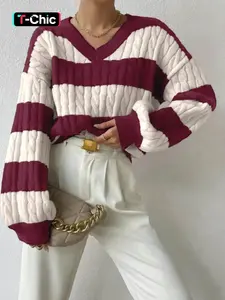 Women's V Neck Knit Sweater, Long Sleeve Loose Fit Retro Vintage Striped Pullover, Autumn Winter Fashion, High-End Design, Versatile Cable Pattern Top