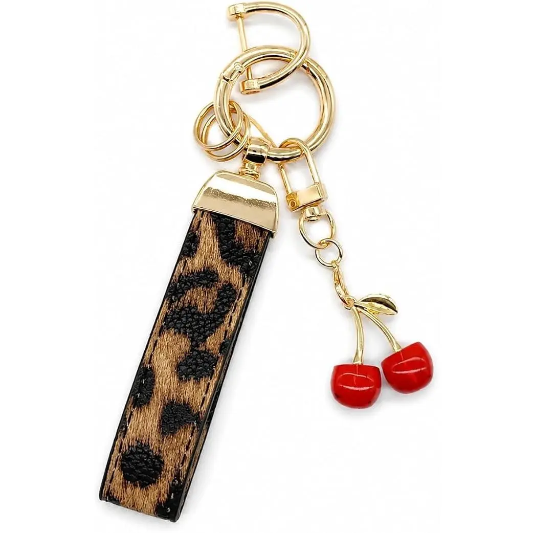 DearLuniva B Leopard Print Wristlet Keychain Leather Keychain Cherry Charm for Handbag Backpacks Jewelry Gift for Women