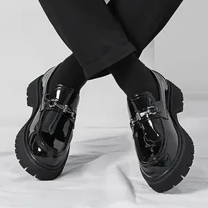 Solid Color Classic Loafers - All-Season Faux Upper Round Toe Rubber Sole Slip-On Men's Casual Korean Style Thick Sole - Boy Shoe Black Footwear Flat Bedroom Slipon Makapal