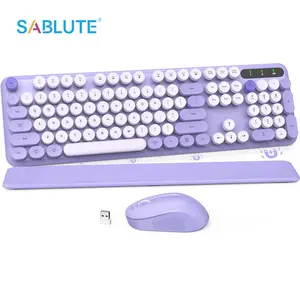 Typewriter Wireless Keyboard and Mouse Combo, Cute Round Keycaps, Full-Size Retro Typewriter Keyboard with Detachable Wrist Rest, 2.4GHz Cordless Connection for Mac/Windows/PC/Laptop,Back to school Gifts