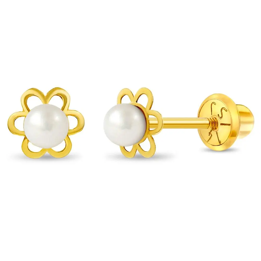 14k Gold Flower Freshwater Pearl 5mm Baby / Toddler / Kids Earrings Safety Screw Back