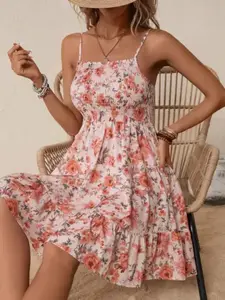 Vintage Floral Print Off-Shoulder Halter Dress, High Waist Cinched, Large Hand-Painted Flowers, Detachable Straps, Beach Photo Quality Women's Dress