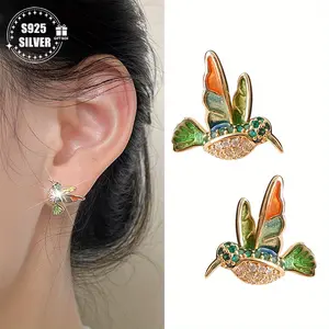A Pair of 925 Sterling Silver Earrings, Bohemian Style, Colored Enamel Hummingbird Stud Earrings, Low Allergy, Ideal Travel Souvenir And Gift for Women. 925 Silver Ear Columns, Worn All Season magnetic earrings non tarnish jewelry