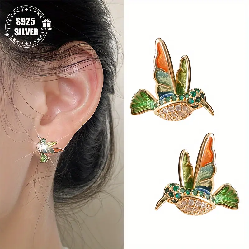 A Pair of 925 Sterling Silver Earrings, Bohemian Style, Colored Enamel Hummingbird Stud Earrings, Low Allergy, Ideal Travel Souvenir And Gift for Women. 925 Silver Ear Columns, Worn All Season magnetic earrings non tarnish jewelry