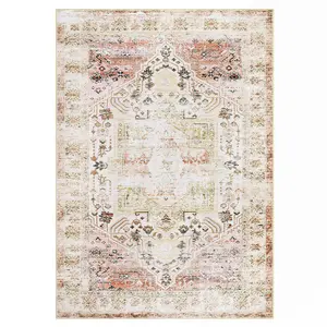 Vintage Low Pile Weave Rectangular Distressed Floral Motif Area Rug, Light Taupe, 8x10 ft, Washable Soft Non-Slip Material, High Traffic Indoor Use Carpet