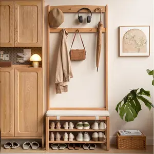 Wayshome Oak Hall Tree, Solid Wood Coat Rack with Shoe Bench, 2-Tier Shoe Rack with 7 Hooks for Entryway, Hallway, Closet, 13.8" x 31.5" x 72.8", Oak Wood, Natural