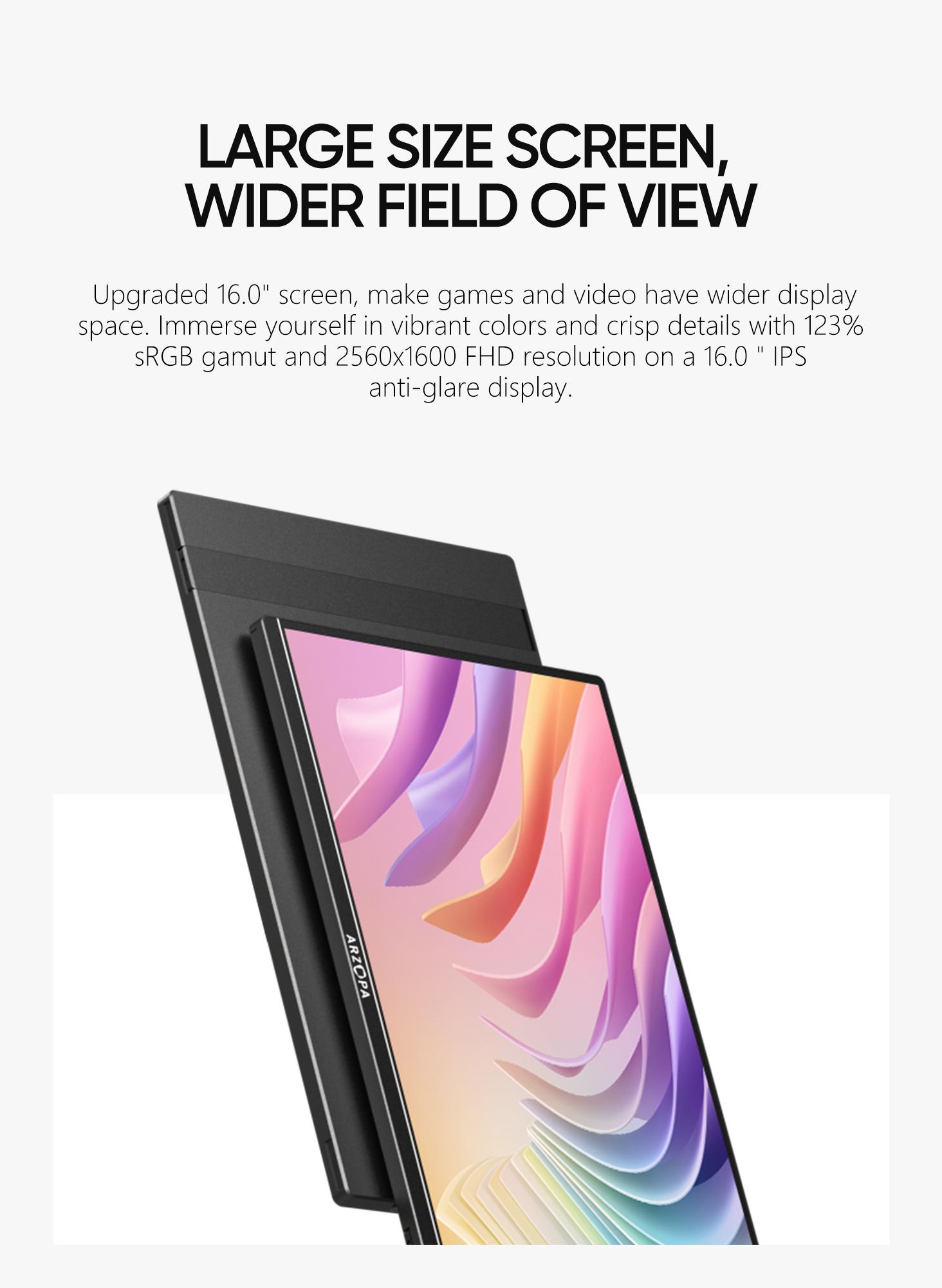 ARZOPA 16" 2.5K Portable Monitor 2560x1600 QHD IPS Display 123% sRGB USB-C HDMI External Second Screen for Mac Laptop Phone PS4/5 Xbox Switch iPhone15