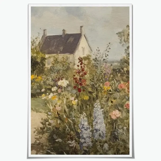 Vintage Cottage Garden Wall Art, Cottagecore Floral Landscape Poster, Rustic Country House Wall Decor, Vintage Botanical Canvas Print, Farmhouse Flower Field Artwork, Retro Garden Painting, English Cottage Wall Art, Living Room Bedroom Decor