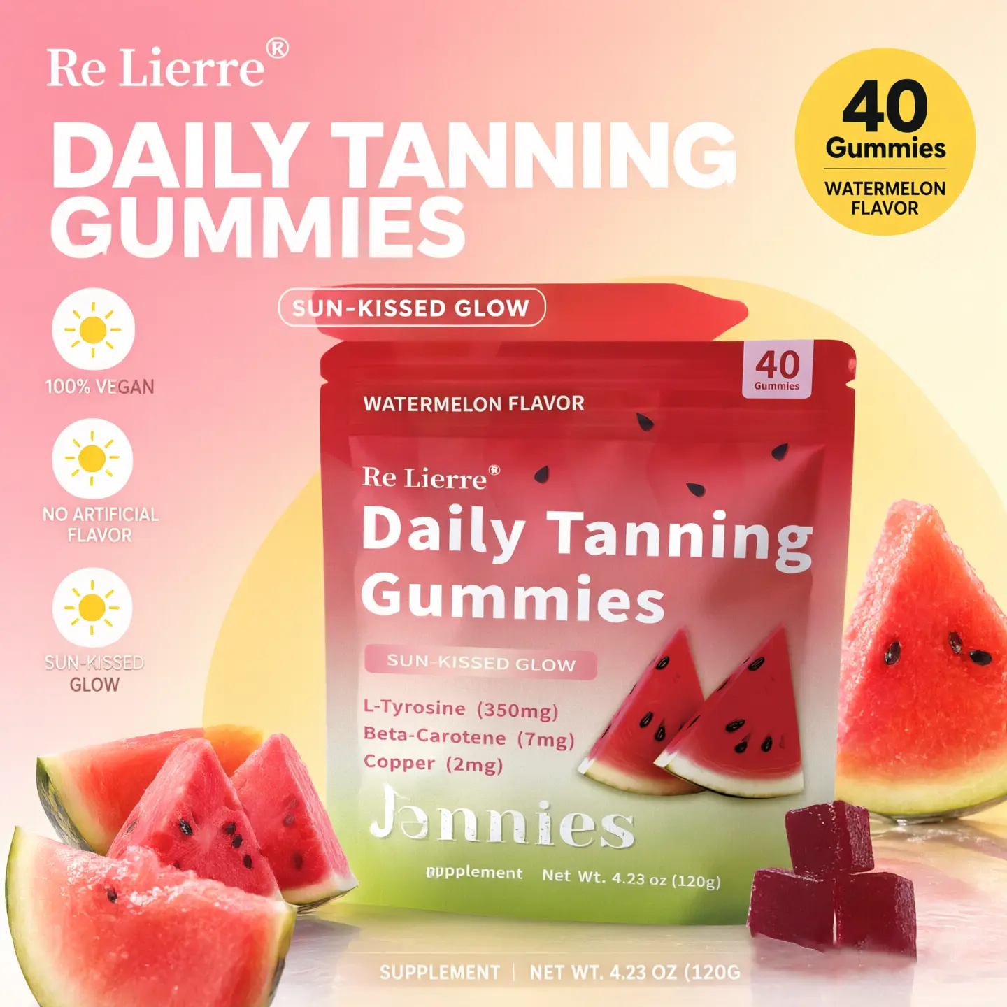 Tanning Gummies for Women, Vitamin C & E Beauty Supplement with Lycopene, L-Tyrosine, Beta Carotene & Antioxidant Support, 40 Count