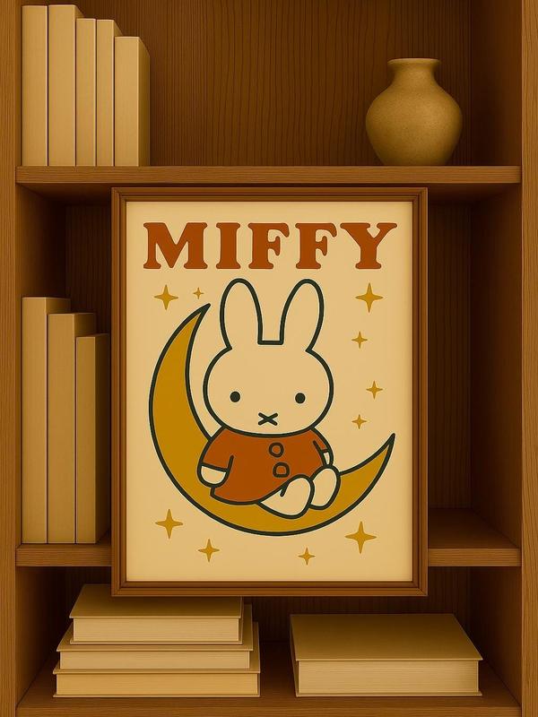 Retro Miffy on the Moon Print: Nursery & Home Decor Poster - Canvas