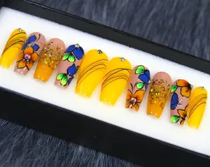 Floral Garden Deep Yellow Hand Painted Press On Nails Coffin | Crystal Glue On Nails | Festive Fake Nails