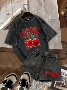 Women's Geometric Print Short Sleeve Round Neck Shorts Set, Casual Summer, Back-To-School Fashion, Comfortable and Stylish