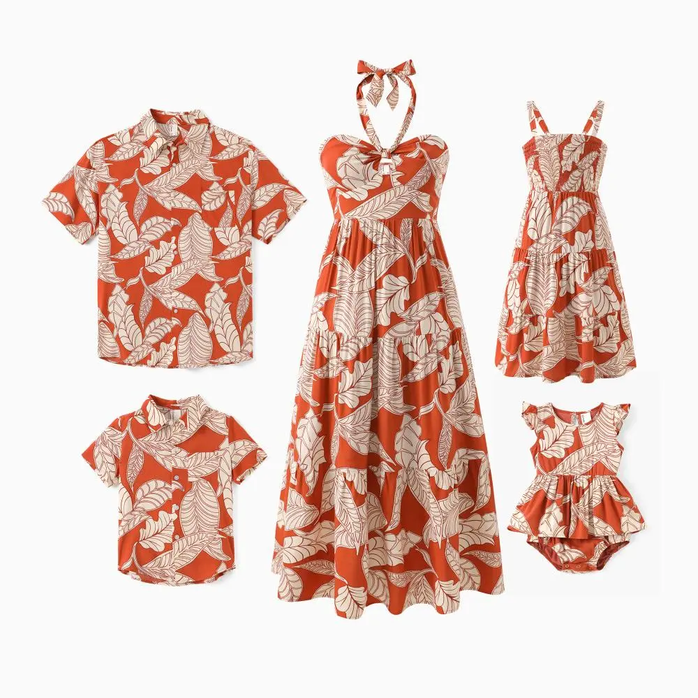 PatPat Family Matching Outfits Coral Leaf Print Halter Dress & Short-sleeve Shirt Set for Summer Vacation Collection