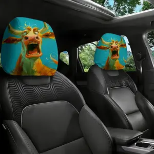 2Pcs cartoon funny style longhorn cow car head pillowcase, personalized decoration in the car, universal fit, easy to clean, soft, comfortable, wear-resistant and breathable, suitable for daily commuting, self-driving, long-distance travel scenes