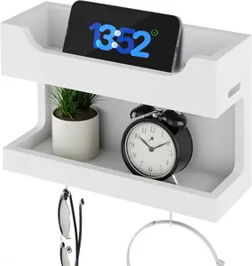 Wall Mounted Wooden Bedside Accessories Organizer, Double Tray Bedside Storage Shelf Rack with Magnetic Hooks, Wall Caddy Holder for Phone Glasses Alarm Clock Remote for Bedroom Dorm RV (White)