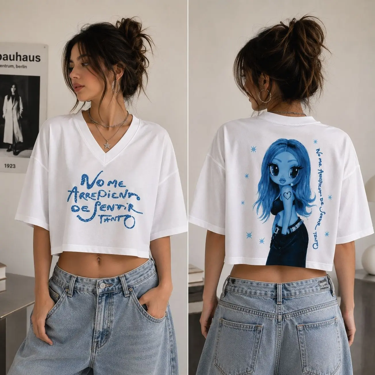 Sentir Tanto Era Inspired Crop Top Jersey, Women's Blue Graphic Jersey Shirt, Double-Sided Print, Latin Pop Concert Outfit, Music Fan Gift