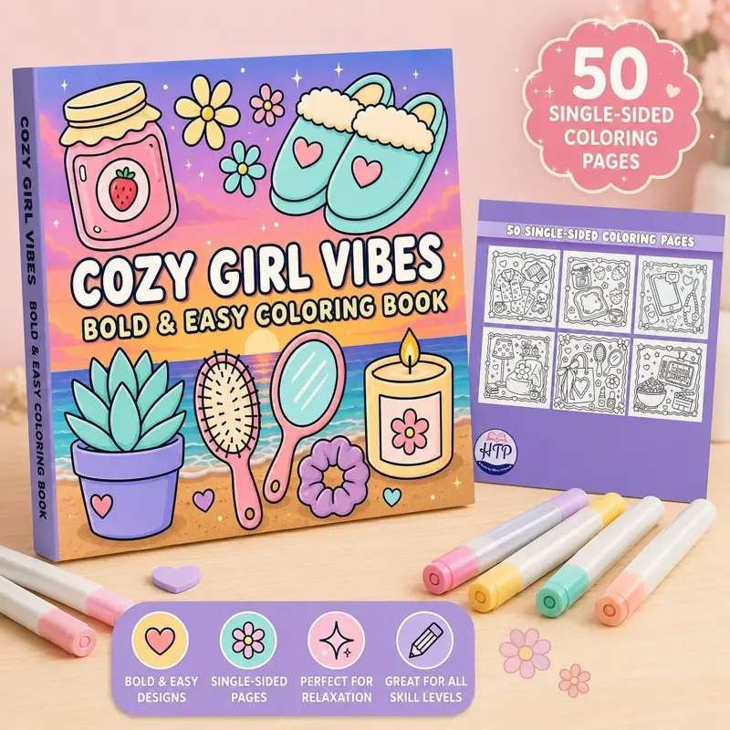 Cozy Girl Vibes Bold & Easy Coloring Book | 50 Single Sided Images bold design