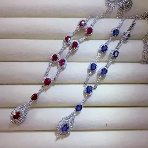 <PingEast jewelry > Ruby and sapphire necklace ——925 Sterling Silver Necklace featuring nine natural gemstones, each approx. 0.5 ct. Elegant, timeless, and versatile design with a luxurious and sophisticated feel.