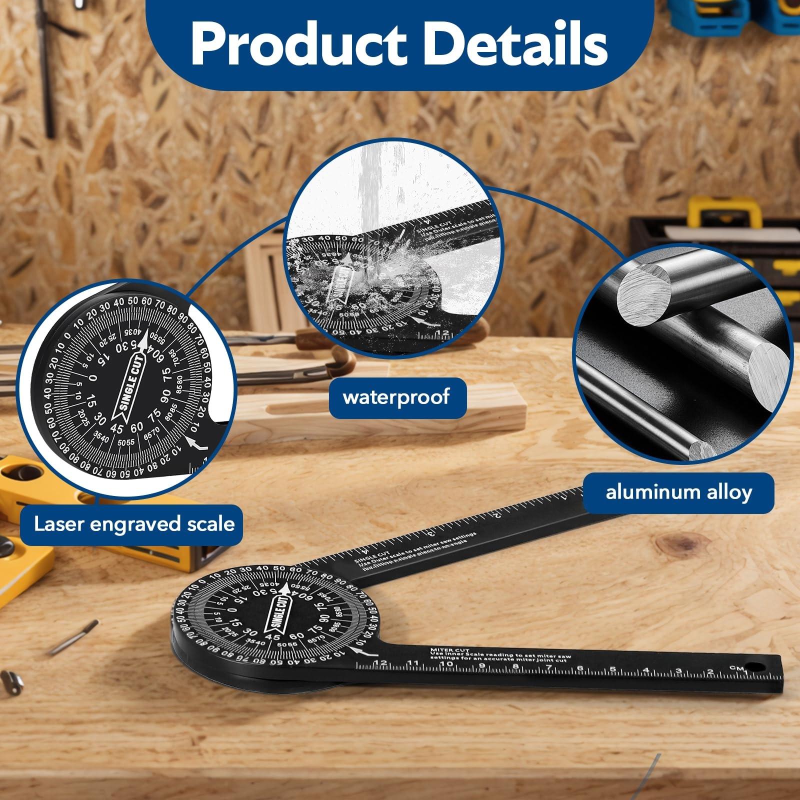 7 Inch Aluminum Miter Saw Protractor, Precision Angle Finder for Inside & Outside Cuts, Comes with Two Extra Straightedge Protractors for Woodworkers, Builders, Plumbers, Home DIY 7 Inch Aluminum Miter Saw Protractor, Precision Angle Finder for Inside & Outside Cuts, Comes with Two Extra Straightedge Protractors for Woodworkers, Builders, Plumbers, Home DIY