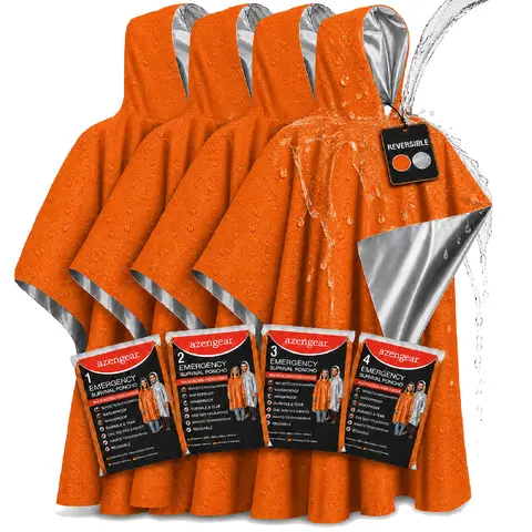 aZengear Emergency Survival Foil Poncho, 4pc Thermal Mylar Coating Blanket for Heat Retention, Waterproof, Windproof, Portable, Reversible, Hands-Free Outdoor Kit