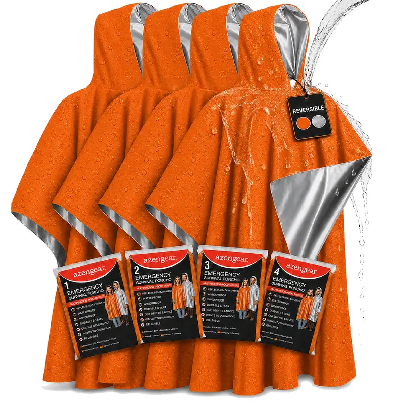 aZengear Emergency Survival Foil Poncho, 4pc Thermal Mylar Coating Blanket for Heat Retention, Waterproof, Windproof, Portable, Reversible, Hands-Free Outdoor Kit