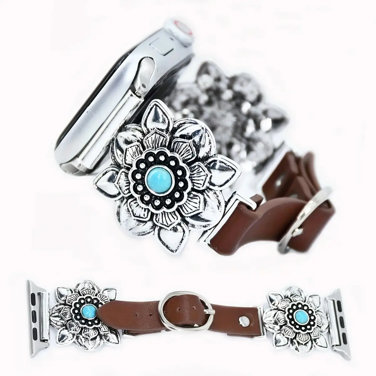 Vintage Metal Flower Strap Compatible with Apple Watch 38-49mm, Soft Leather Band for Ultra 1/2 Series 10-1, Unisex Daily Wear, Smart Watch Straps Wearable Accessory Floral tiktokshopbacktoschool