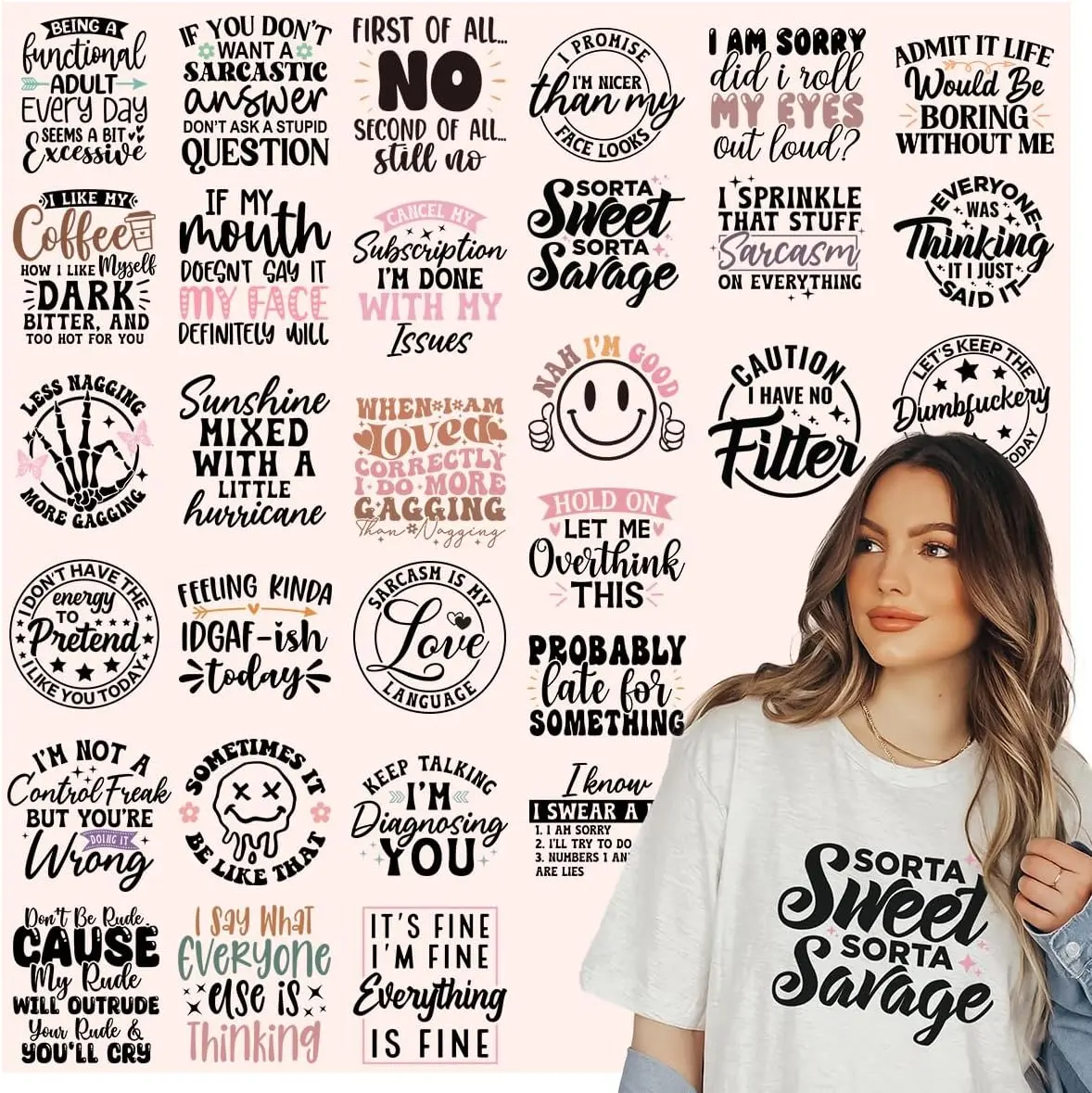 30 Sheets Sarcastic Quotes DTF Transfers Ready to Press, Humorous Iron on Transfers Stickers Funny Iron on Decals for T Shirts Hoodie DIY Crafts