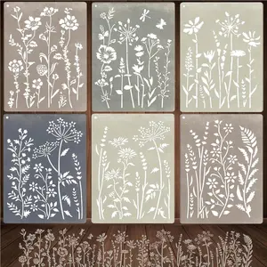 6-Piece Wildflower Stencil for Painting - Large Reusable Floral Design for DIY Furniture Decor - Modular Stencil Kit for Wood, Walls & Home Art