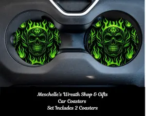 Green Skull & Flame Accents Car Coasters, 2.75" Size Automotive Interior Decor Accessories, Cup-Protecting Functional Car Interior Enhancements