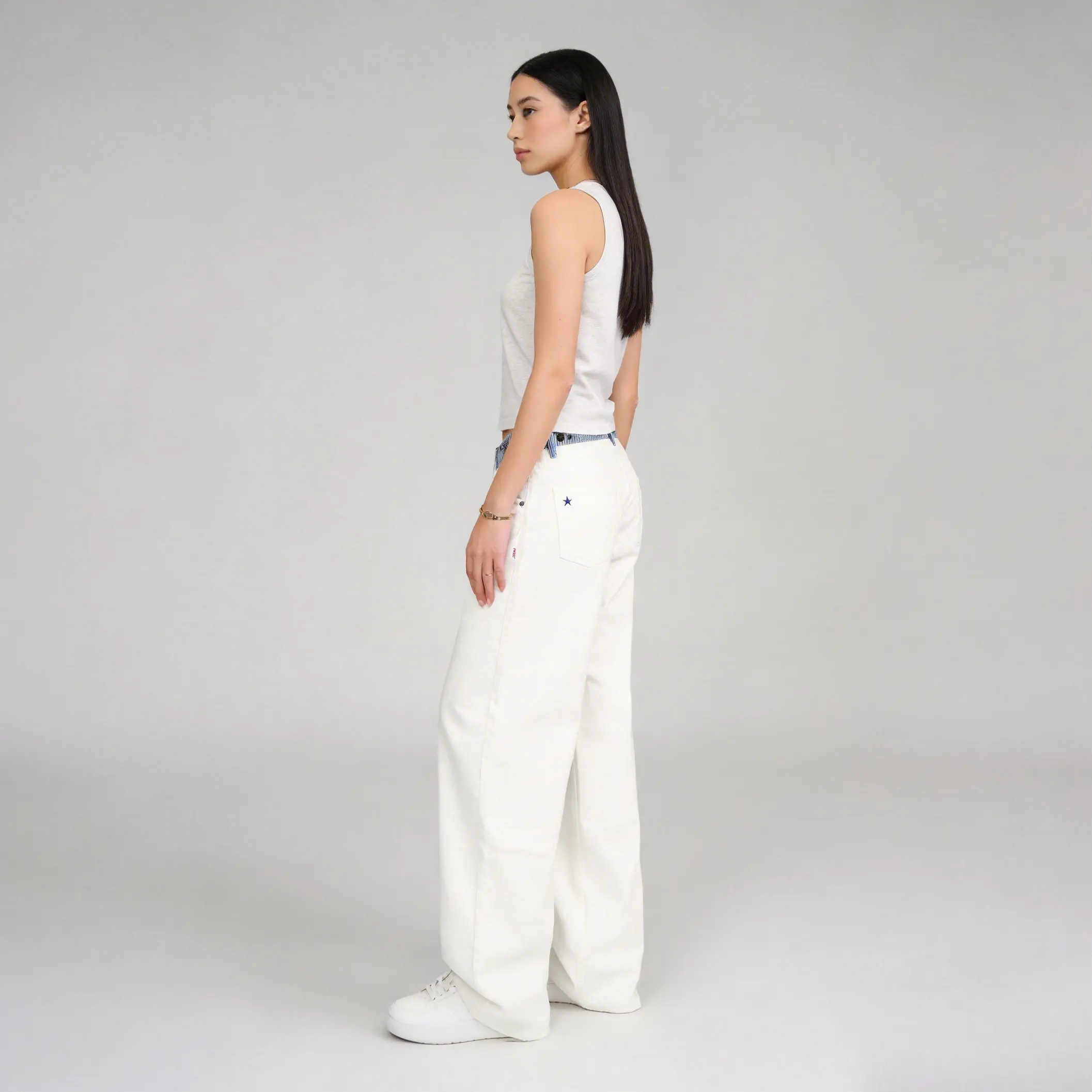 Pwest NYC Jodie Adjustable Low-Rise Loose-Barrel Leg Jeans &mdash; Y2K Minimalist Style, Adjustable Snap Buttons, Color-Blocked Waistband, Loose-Leg Cut, Soft Daily Wear