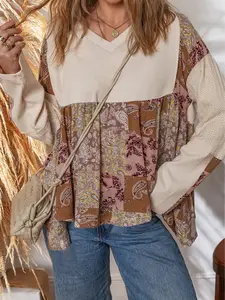 Beige Paisley Ethnic Print Contrast Patchwork Long Sleeve Loose Top versatile blouse