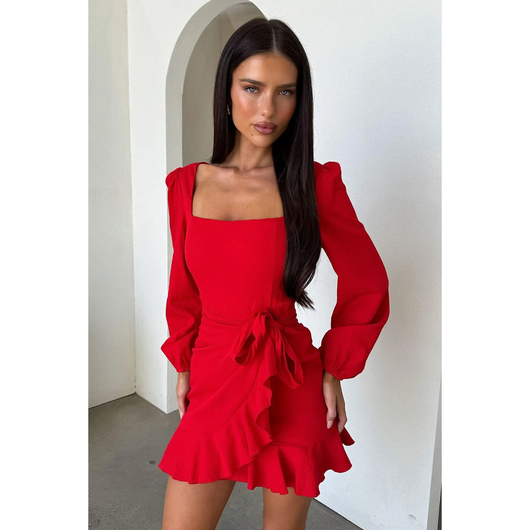 Thats So Fetch Women's Long-Sleeve Silvana Wrap Mini Dress - Red, Rayon, Double Lined, Balloon Sleeves, Frill Hem, Square Neck, Strappy, Belt-Included, Back Zipper, Casual Wear