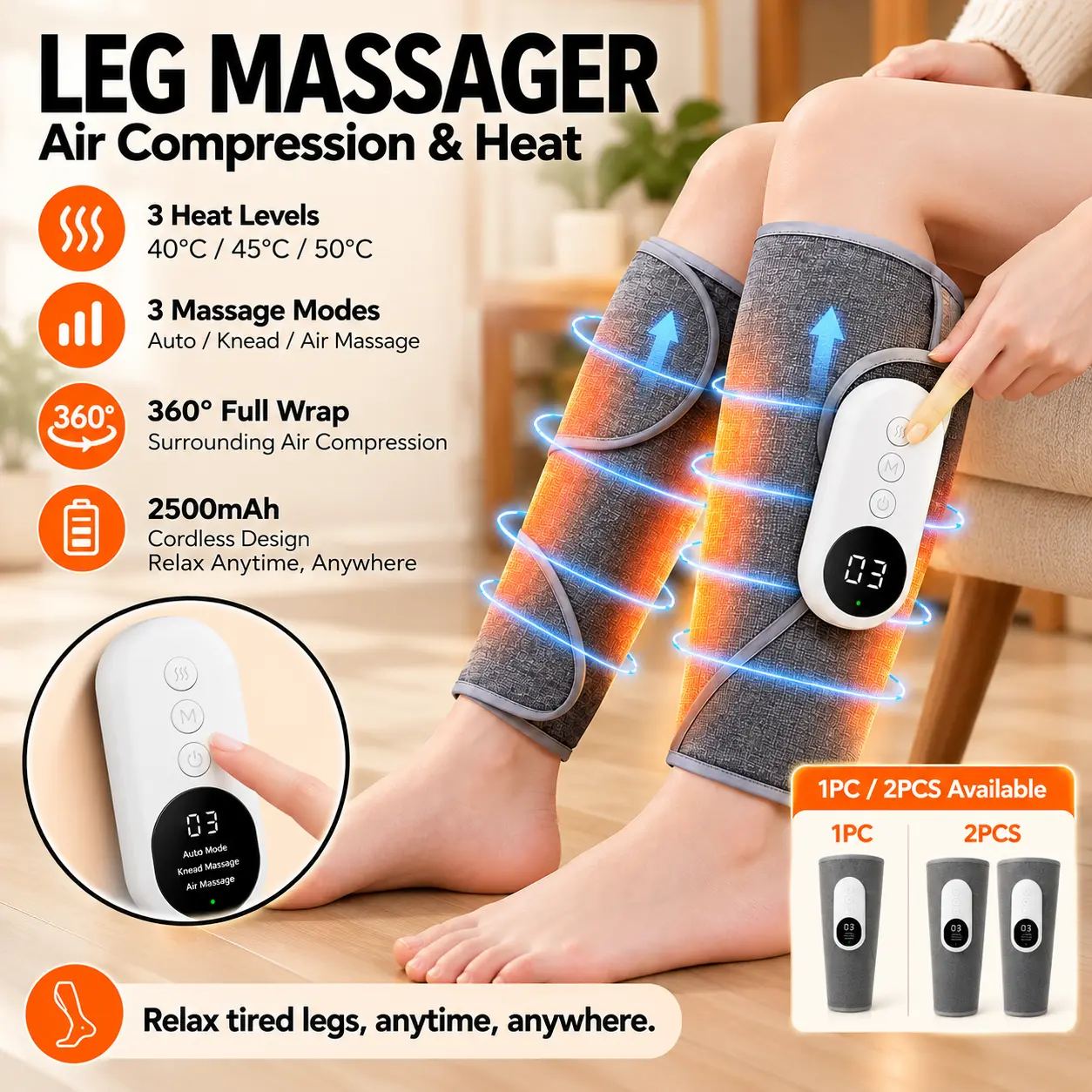 Cordless Air Compression Leg Massager 2-Piece Set - Therapy Self Care Gadget with Heat, 3 Intensity Settings, Dual-Purpose Design for Feet&Legs, Thigh & Knee Use, Foot Recovery Solutions, Battery Powered Ideal Christmas Gift