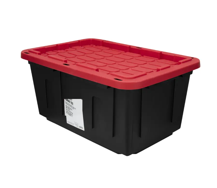 Black and Red Plastic Storage Bin with 27 Gallon Capacity and Snap Lid Black and Red Plastic Storage Bin with 27 Gallon Capacity and Snap Lid